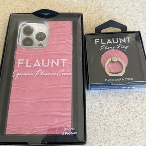 Flaunt IPhone 14 Pro Max case in croc pink with matching phone grip and stand!